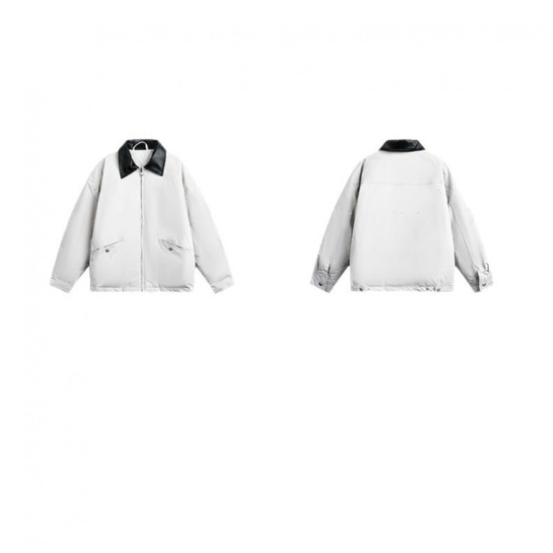 Unisex Boxy transitional jacket with contrasting faux leather collar and concealed zipper Fashion Glam