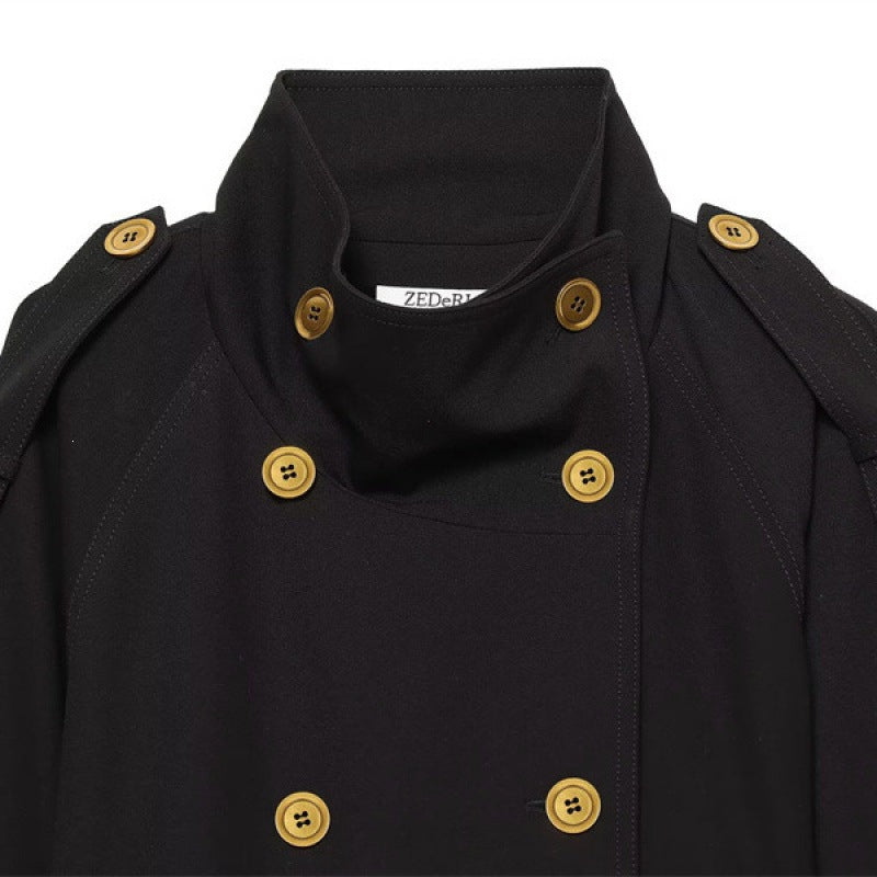 Women's Short Double-Breasted Trench Coat with Waistbelt, Epaulettes and Gold-Colored Details Fashion Glam