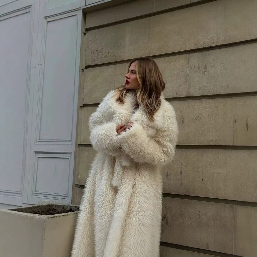 Women’s Maxi Faux Fur Coat with Voluminous Shawl Collar and Wrap Belt Fashion Glam
