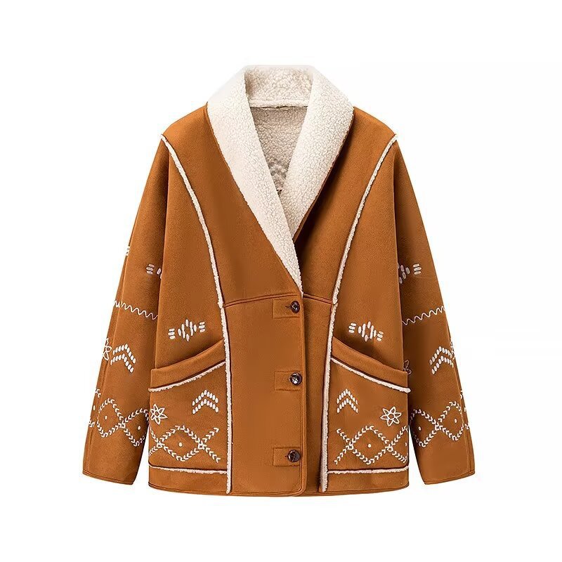 Women's Embroidered Fleece-Lined Shirt Jacket with Shawl Collar and Patch Pockets Fashion Glam