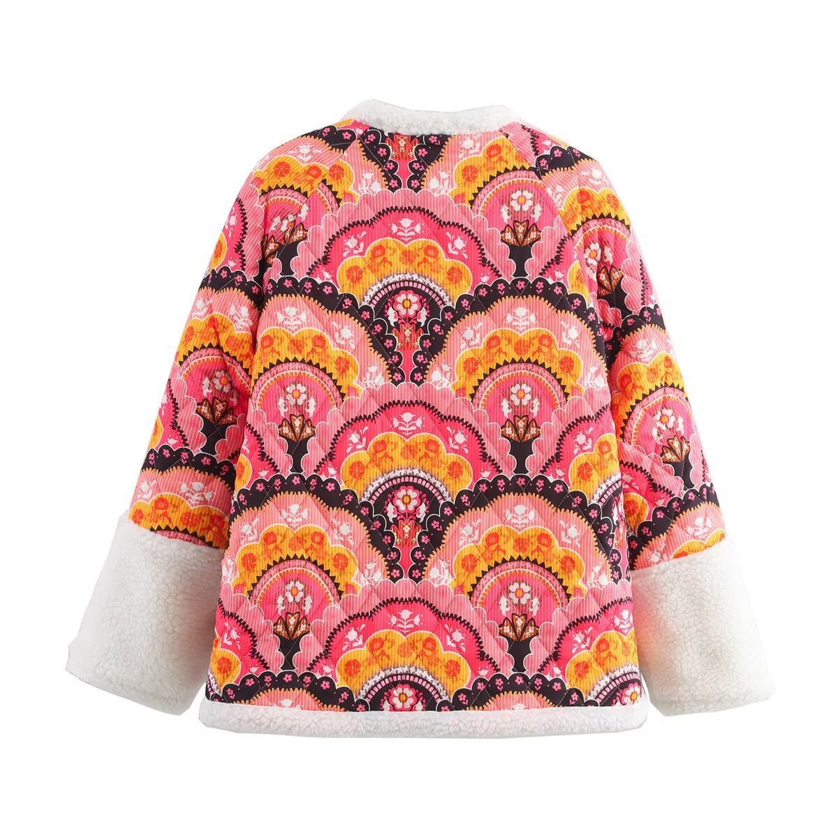 Women's quilted jacket with teddy lining and retro ornament print Fashion Glam