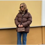 Women oversized high puffy quilted jacket with detachable zipper and kangaroo pockets Fashion Glam