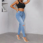 Women Tight High-Waist Skinny Jeans with Pearl Trim and Knee Cutouts Fashion Glam