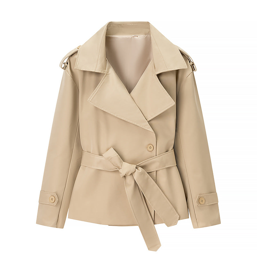 Women's Short Cut Tailored Trench Coat with Tie Belt and Epaulettes Fashion Glam