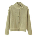 Women Ribbed Knit Cardigan with High Stand-up Collar and Button Placket Fashion Glam