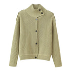 Women Ribbed Knit Cardigan with High Stand-up Collar and Button Placket Fashion Glam