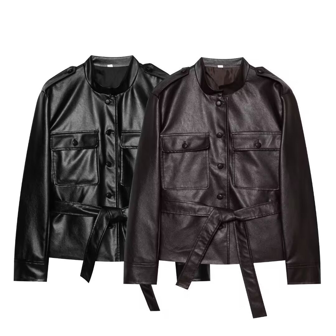 Women Cropped Safari Jacket made of vegan leather with tying belt and epaulettes Fashion Glam