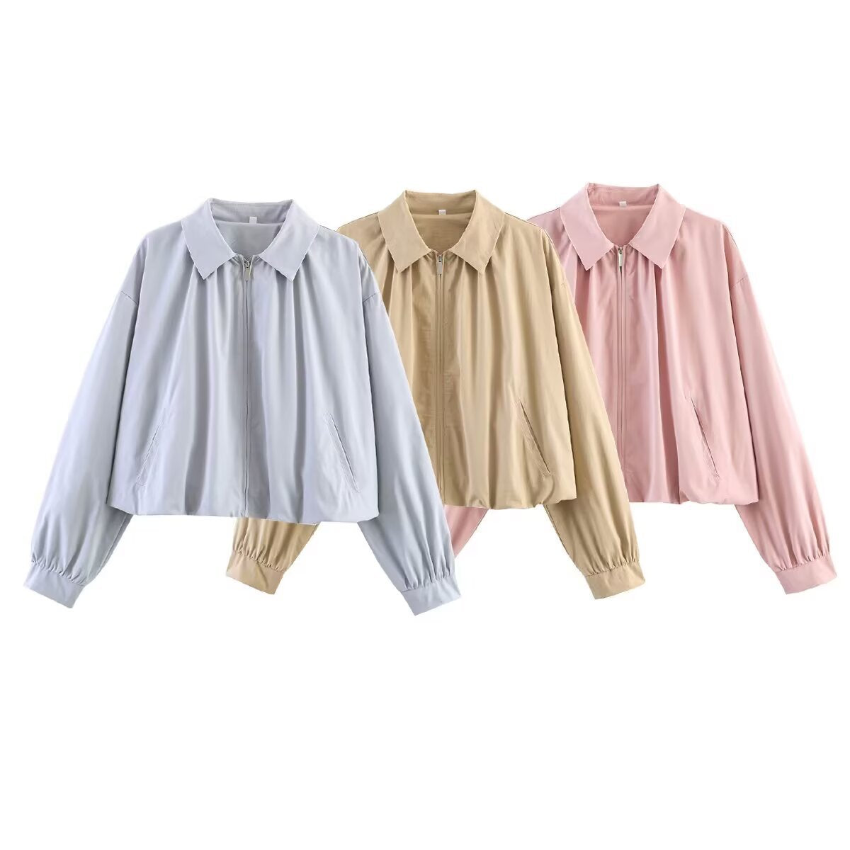 Women's Short Lightweight Oversized Blouson Jacket with Zipper and Folded Collar Fashion Glam