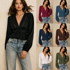 Women Deep Cut Blouse with Drawstring Waist, Ruffled Hem and Decorative Hole Embroidery Fashion Glam