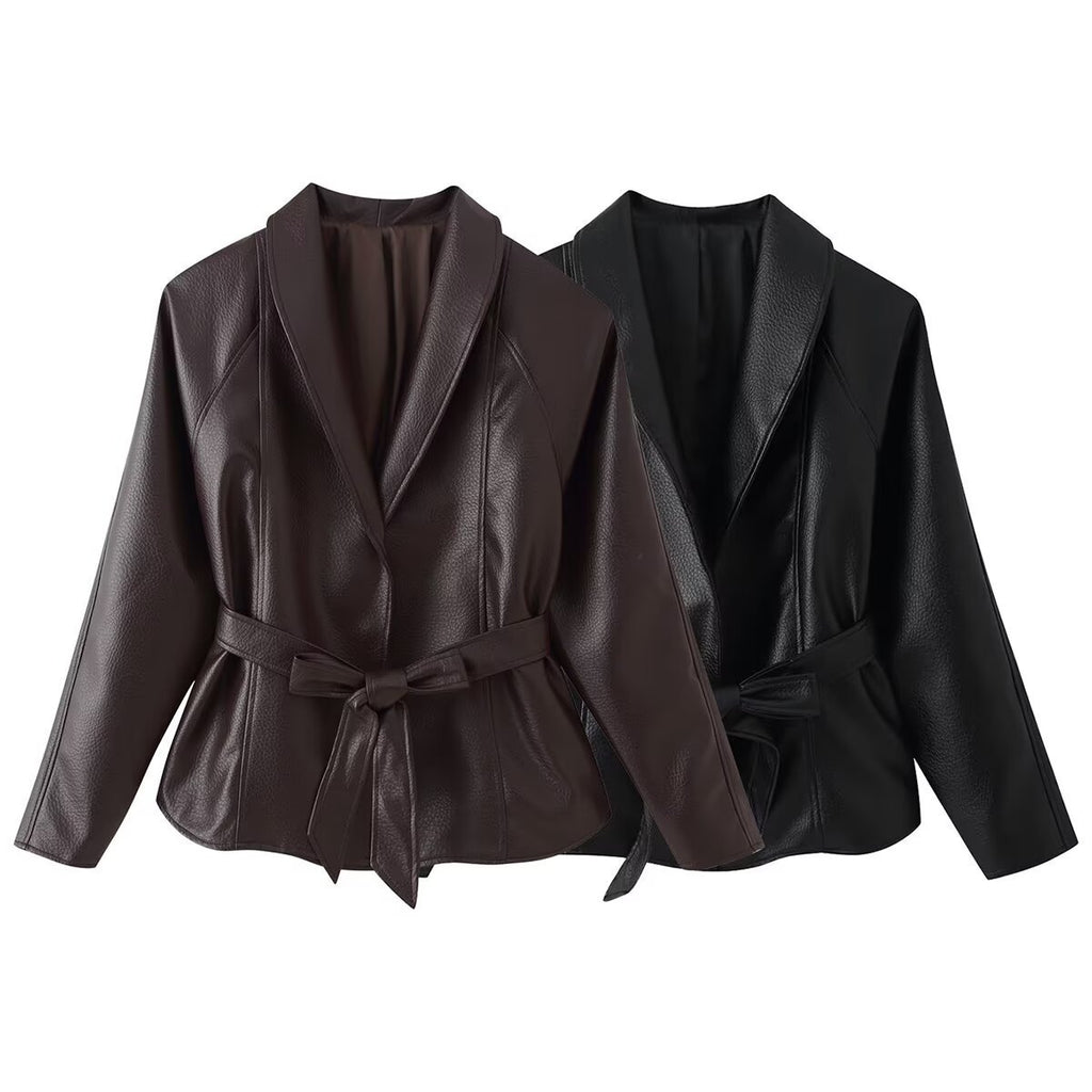 Women's Tailored Tie-Belt Leather Blazer with Shawl Collar Fashion Glam