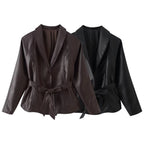 Women's Tailored Tie-Belt Leather Blazer with Shawl Collar Fashion Glam