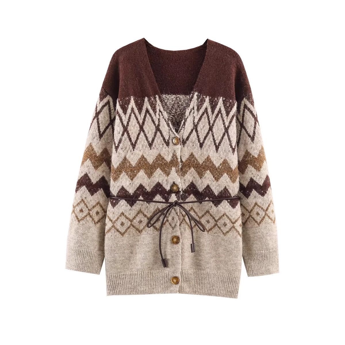 Women's Patterned Knit Cardigan with V-Neck, Button Placket and Waistband Fashion Glam