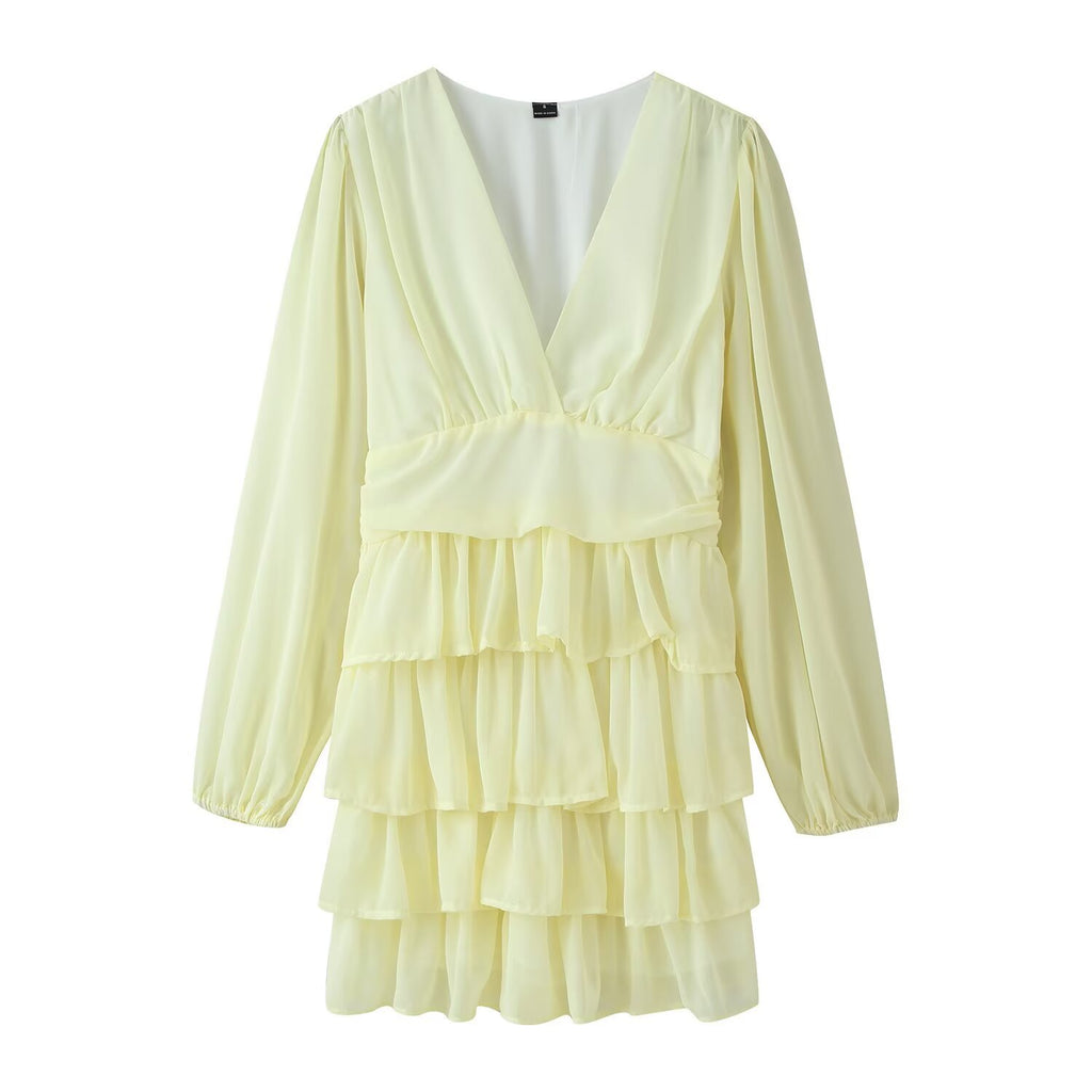 Women's Chiffon Mini Dress with V-Neck, Long Sleeves and Layered Ruffles Fashion Glam