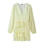 Women's Chiffon Mini Dress with V-Neck, Long Sleeves and Layered Ruffles Fashion Glam