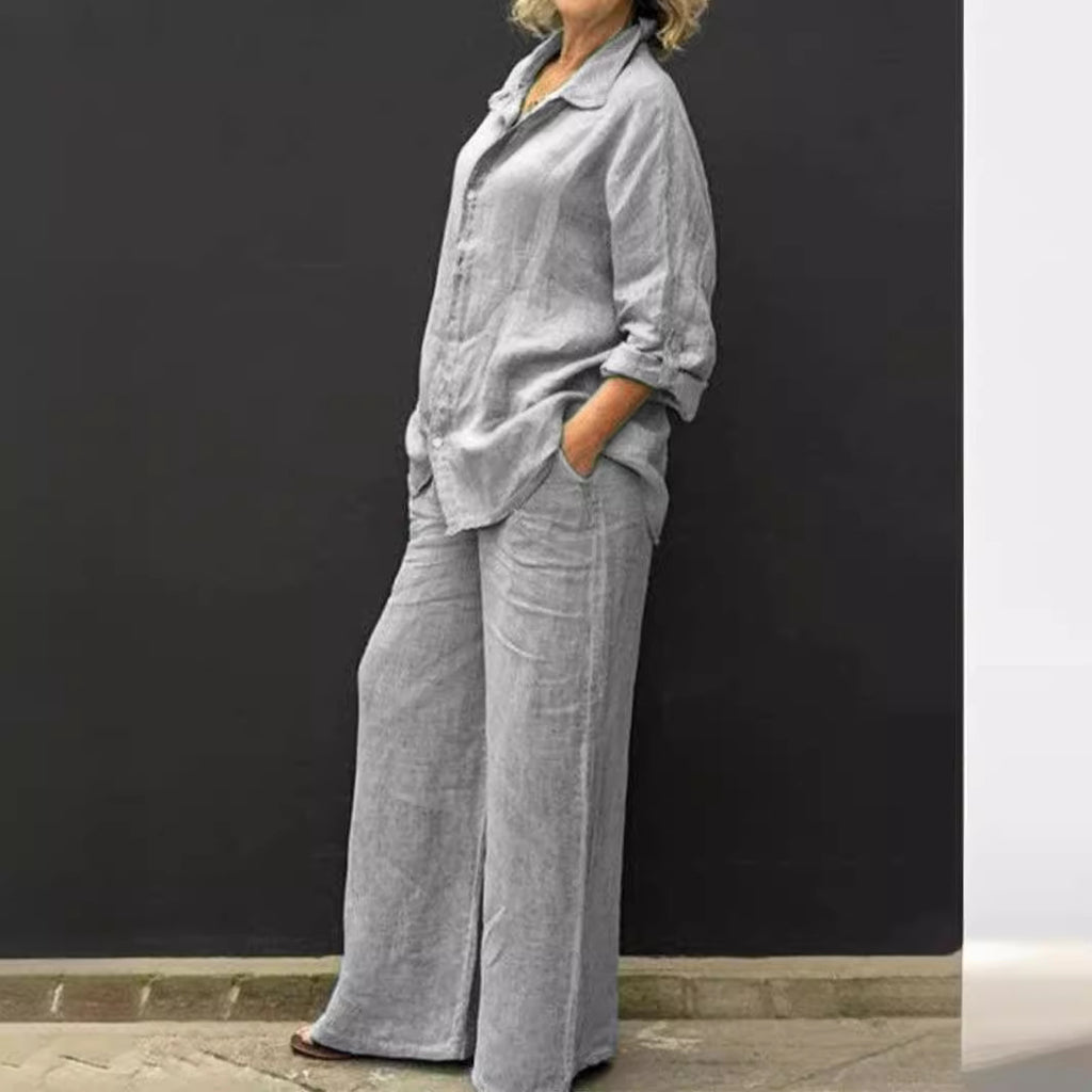 Women's Relaxed Linen Set with Oversized Shirt and Wide Palazzo Pants Fashion Glam
