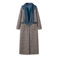 Women's Longline Coat in Houndstooth Mix with Velvet Shawl Collar and Decorative Pocket Trim Fashion Glam