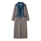 Women's Longline Coat in Houndstooth Mix with Velvet Shawl Collar and Decorative Pocket Trim Fashion Glam