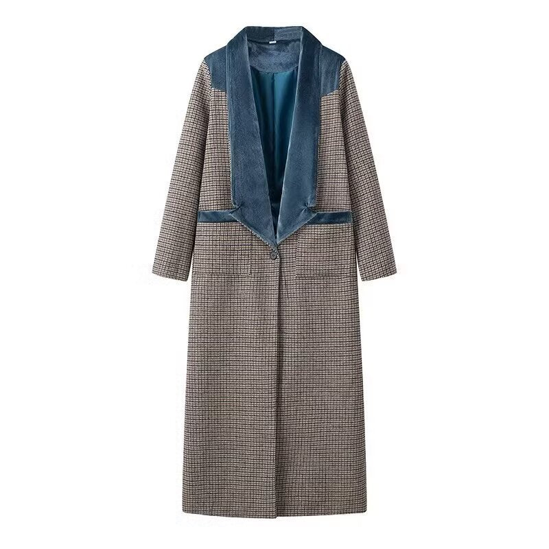 Women's Longline Coat in Houndstooth Mix with Velvet Shawl Collar and Decorative Pocket Trim Fashion Glam