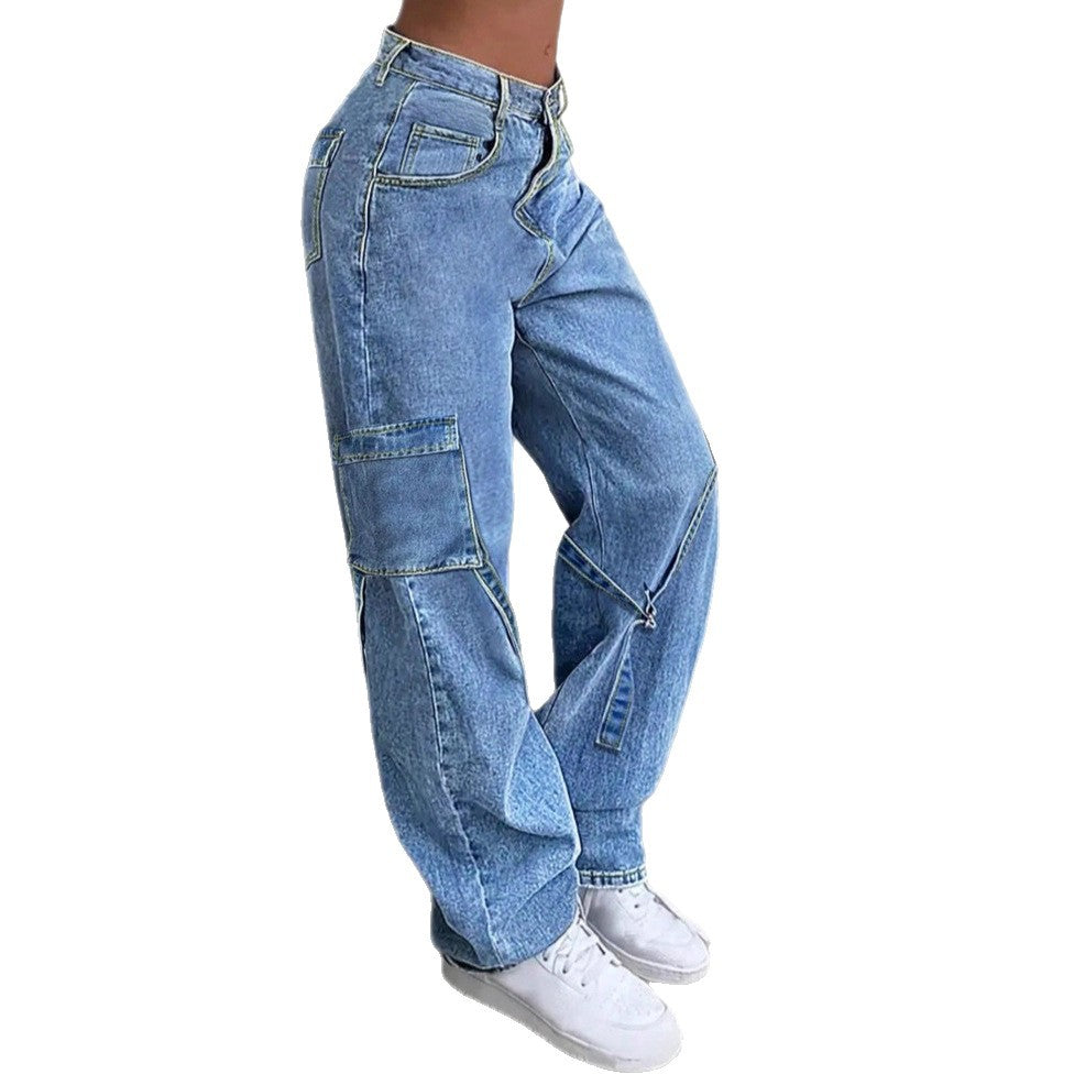 Women's Casual Baggy Cargo Jeans with Adjustable Straps and Flap Pockets Fashion Glam