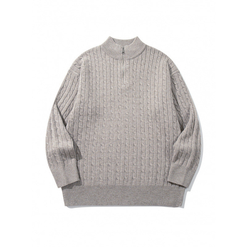 Unisex Oversize Braided Knit Half-Zip Sweater with Short Stand-Up Collar and Wide Ribbed Hem Fashion Glam