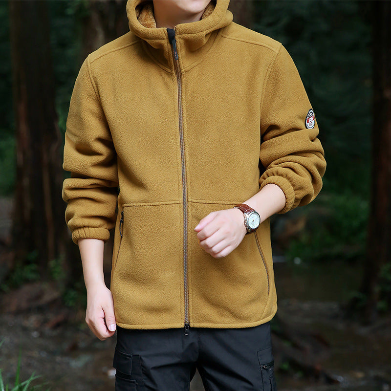Men's fleece hooded jacket for outdoor with thermal lining, windproof surface and zip pockets Fashion Glam