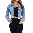 Ladies short denim jacket with pearl embellishments, fringed hem, and wide-cut sleeves Fashion Glam