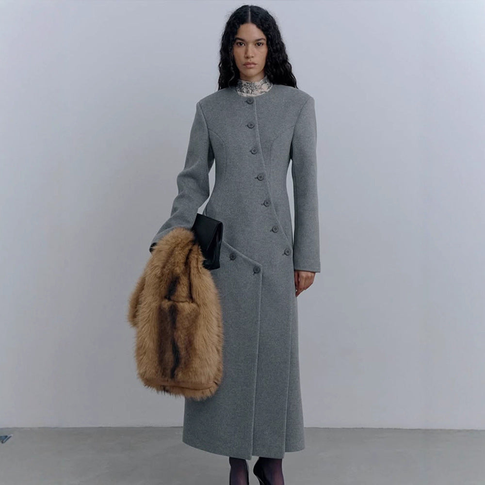 Women's Longer Tailored Wool Blend Coat with Asymmetrical Button Placket and Round Neck Fashion Glam