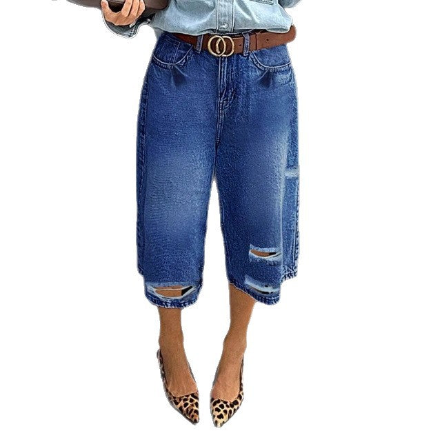 Women High-Waisted Denim Culotte with Destroyed Inserts and Raw Hem Fashion Glam