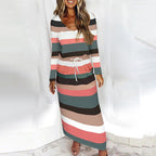 Women's Casual-Elegant Maxi Knit Dress with V-Neck, Drawstring and Side Pockets Fashion Glam