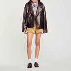 Women's Oversize Faux Leather Bomber Jacket with Round Collar and Distinctive Seam Details Fashion Glam