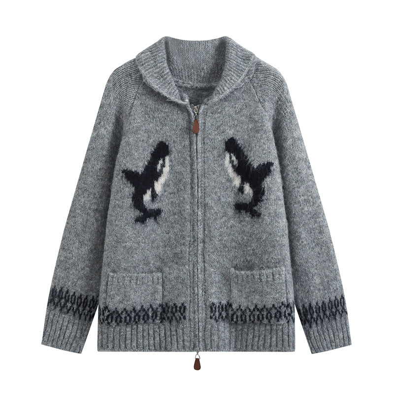 Women’s cardigan with zipper, shawl collar and whale intarsia Fashion Glam