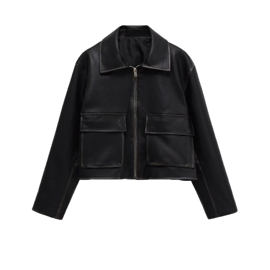 Women's Short Boxy Leather Look Jacket with Zip and Large Flap Pockets Fashion Glam