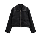 Women's Short Boxy Leather Look Jacket with Zip and Large Flap Pockets Fashion Glam