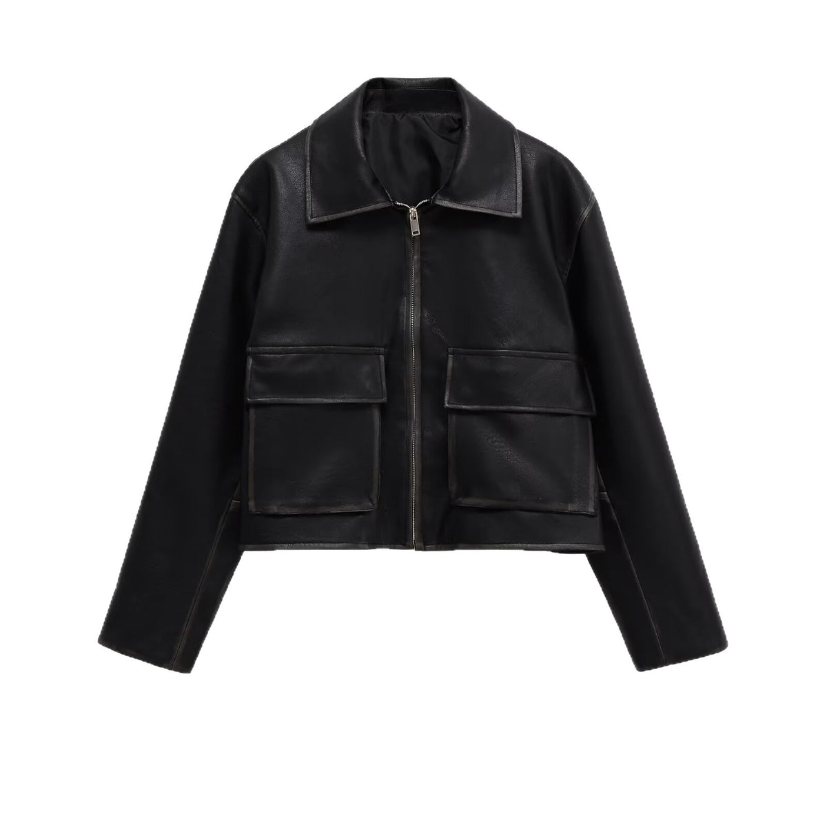 Women's Short Boxy Leather Look Jacket with Zip and Large Flap Pockets Fashion Glam