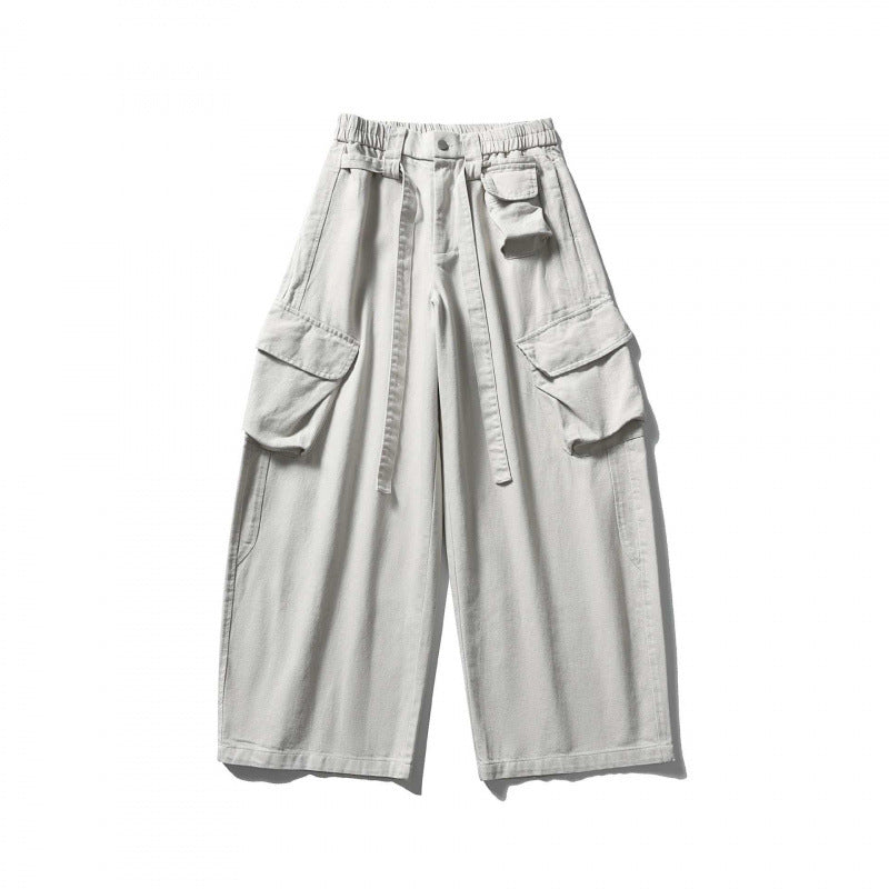 Unisex Wide Cargo Cropped Pants with High Elastic Waistband, Multiple Pockets and Drawstring Fashion Glam