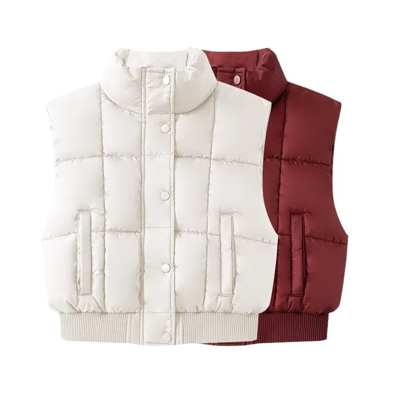 Women Quilted Cropped Puffer Vest with Stand Collar and Ribbed Hem Fashion Glam
