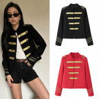 Ladies Cropped Military Jacket with Gold Embroidered Galloons and Stand-up Collar Fashion Glam