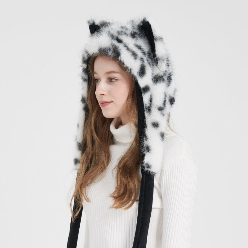 Ladies hooded stole made of luxurious faux fur with long scarf tails and pompom ends Fashion Glam