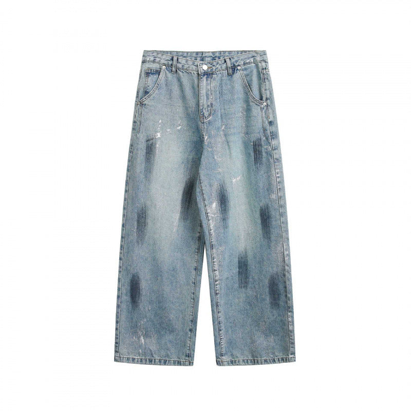 Unisex Wide Cropped Jeans in Used Look with High Waist and Paint Effect Fashion Glam
