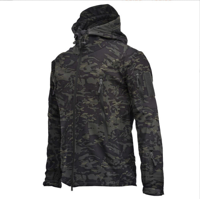 Men's Tactical Softshell Jacket with Hood, Camouflage Pattern and Multiple Zipper Pockets Fashion Glam