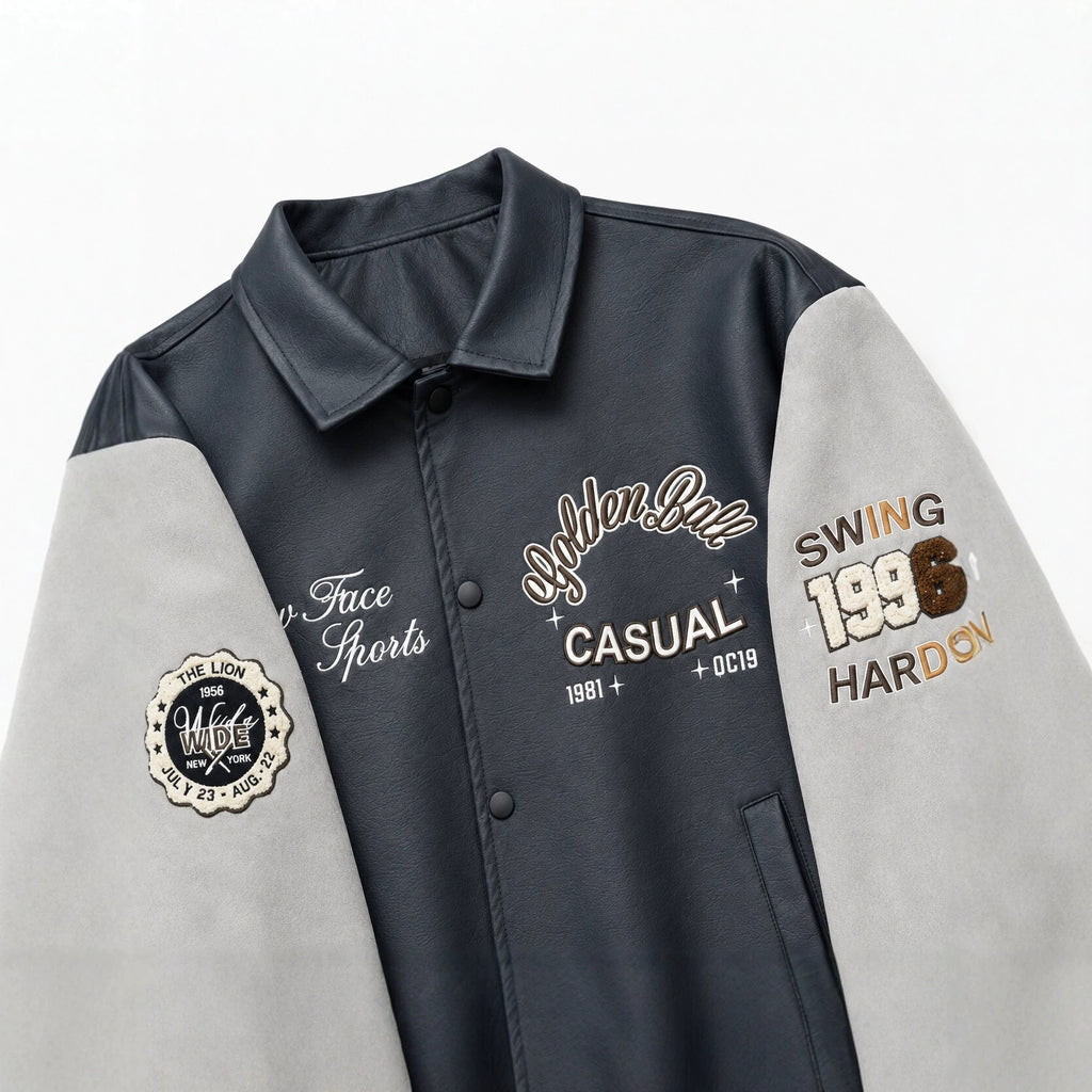 Men's Varsity Faux Leather College Jacket with Contrast Sleeves, Embroidered Patches and Ribbed Hem Fashion Glam