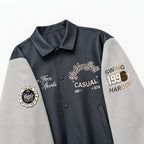 Men's Varsity Faux Leather College Jacket with Contrast Sleeves, Embroidered Patches and Ribbed Hem Fashion Glam