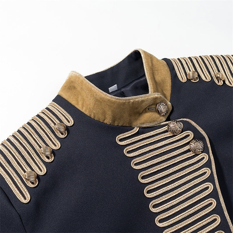 Women's short military-inspired jacket with stand-up collar, decorative cords, and gold-trimmed cuffs Fashion Glam