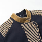 Women's short military-inspired jacket with stand-up collar, decorative cords, and gold-trimmed cuffs Fashion Glam