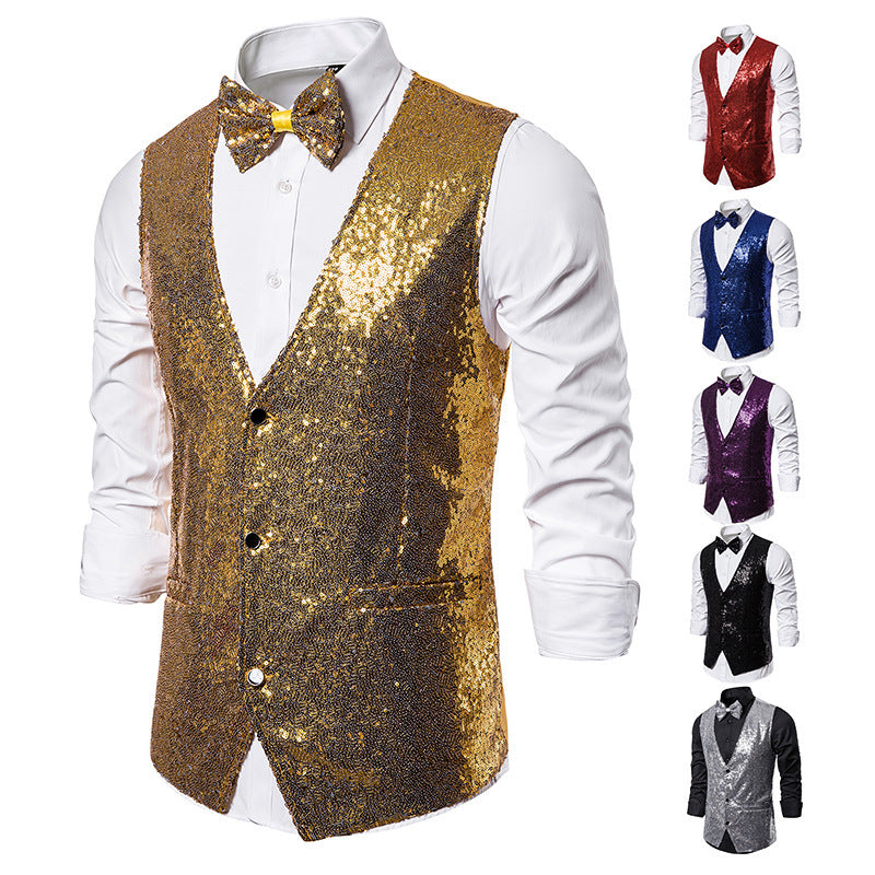Men's Glittering Festive Vest with Matching Bow Tie Fashion Glam