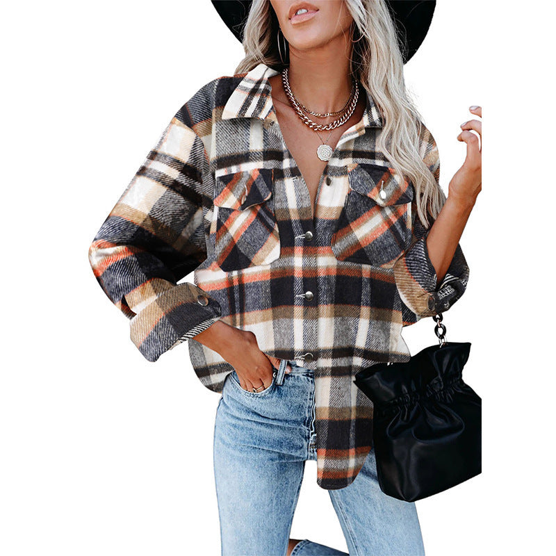 Women's Oversized Shirt Jacket in Checkered Flannel Look with Chest Pockets Fashion Glam