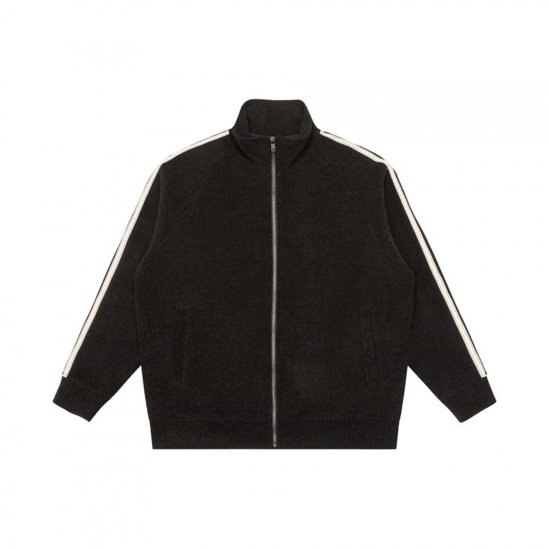Unisex Oversize Teddy fleece Zipped jacket with stand-up collar and contrast stripes Fashion Glam
