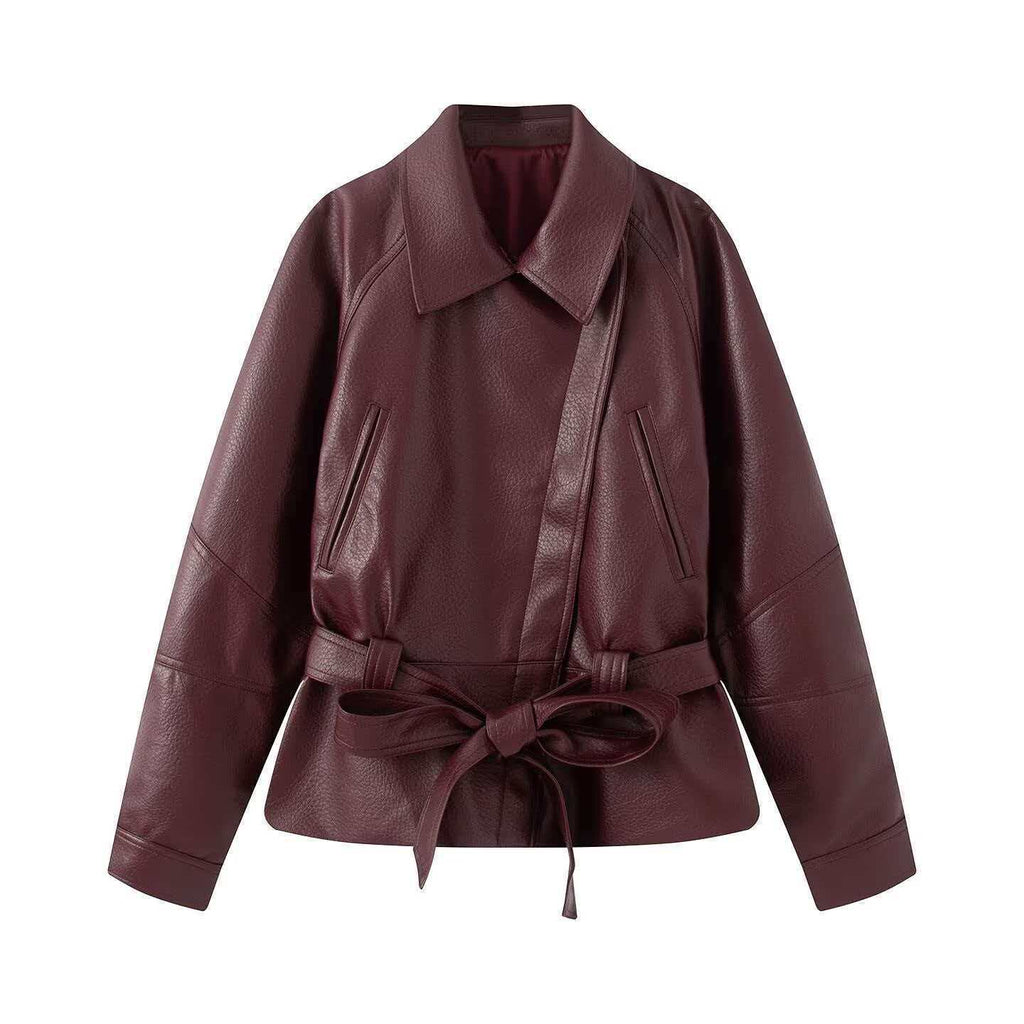 Women's short jacket made of faux leather with a belted waist and shirt collar Fashion Glam