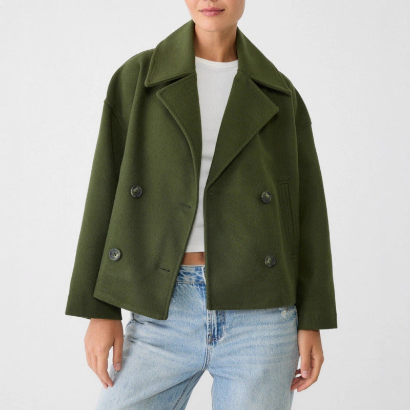 Women's Short Double-Breasted Wool Blend Peacoat with Oversized Lapels Fashion Glam