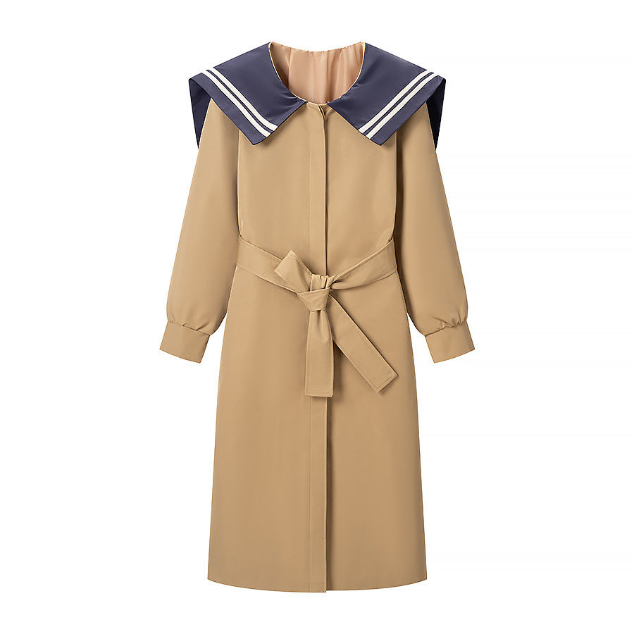Women's coat with oversized sailor collar, belted waist and concealed button placket Fashion Glam